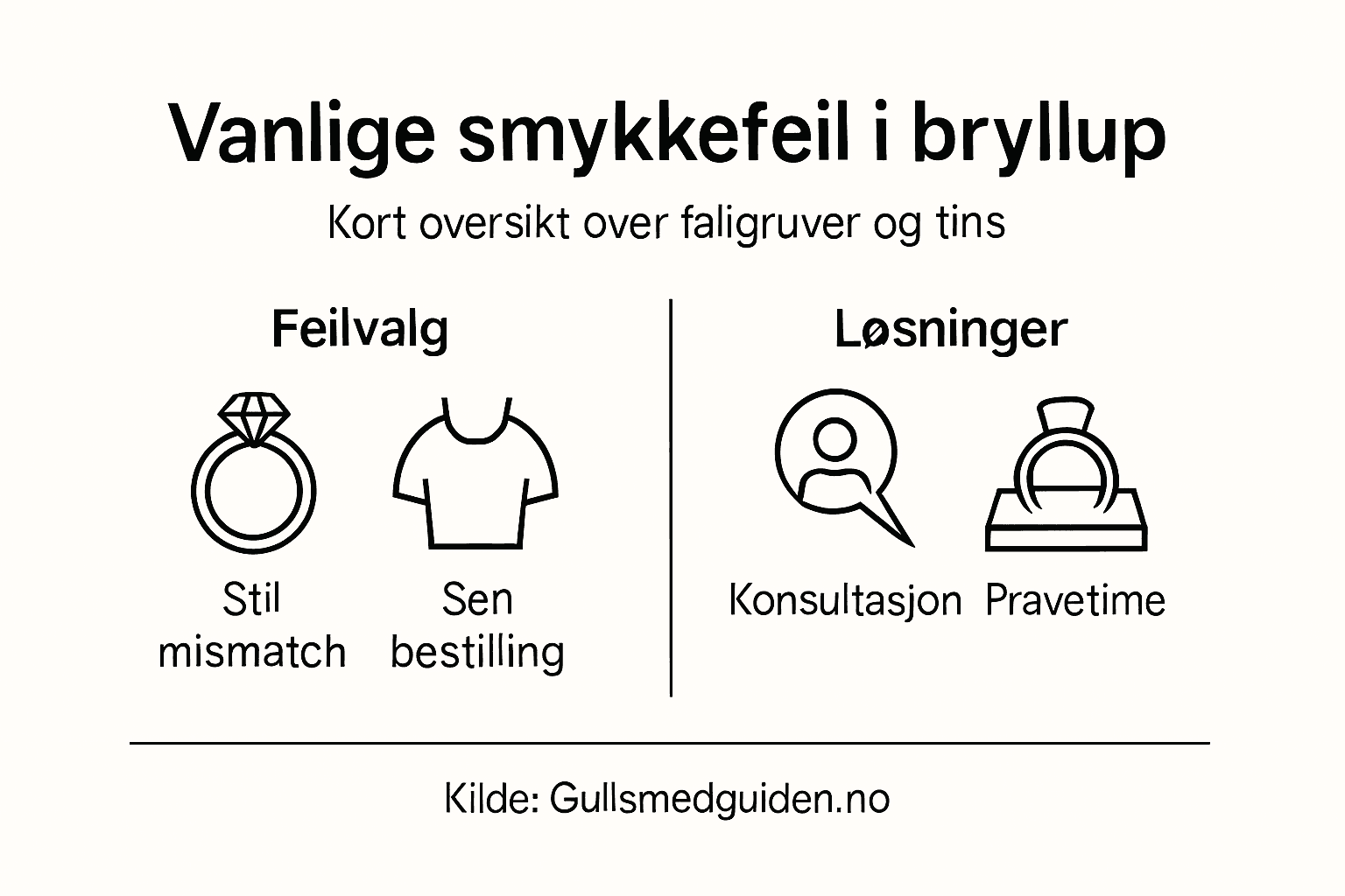 Infografikken gir deg en oversikt over typiske feil mange gjør med bryllupssmykker – og hvordan du enkelt kan unngå dem.