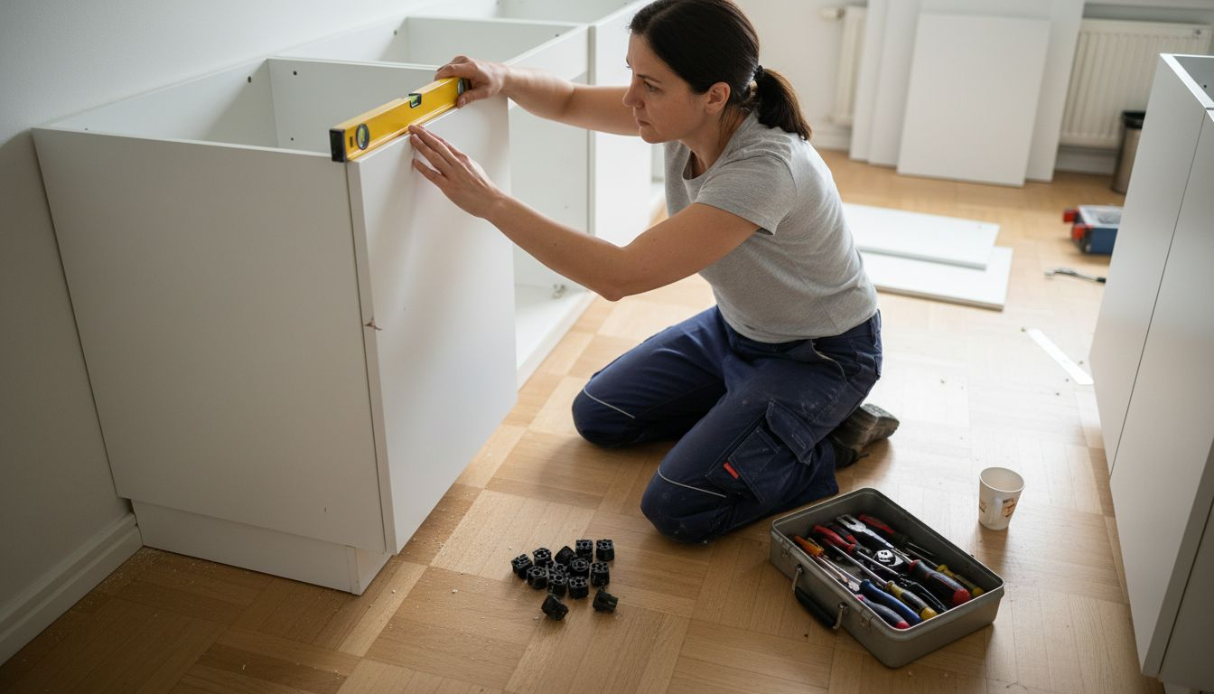 En kvinne står og justerer kjøkkenskapet ved hjelp av et vater, slik at det blir helt rett.