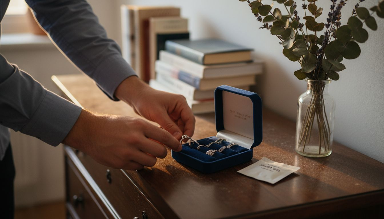 Sølvsmykker bør oppbevares i en egnet eske når de ikke er i bruk.