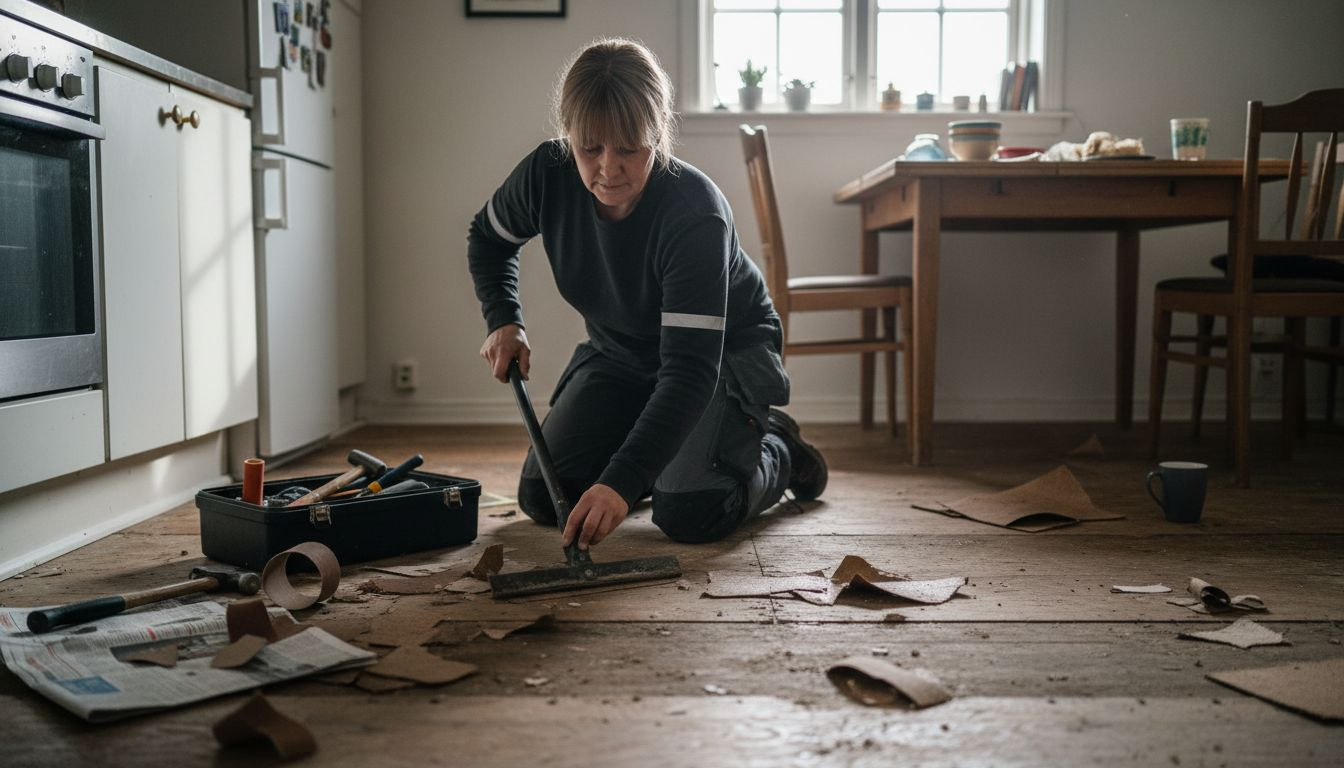 En kvinne gjør klart kjøkkengulvet før hun skal legge nytt gulv.