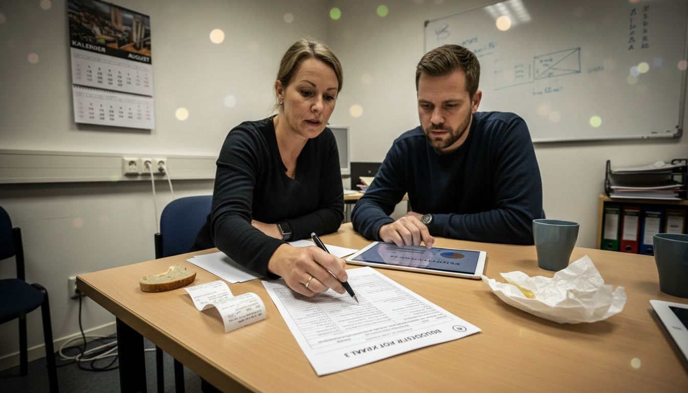 Kollegaer samler seg rundt bordet for å gå gjennom budsjettet til arrangementet og se nærmere på papirene.