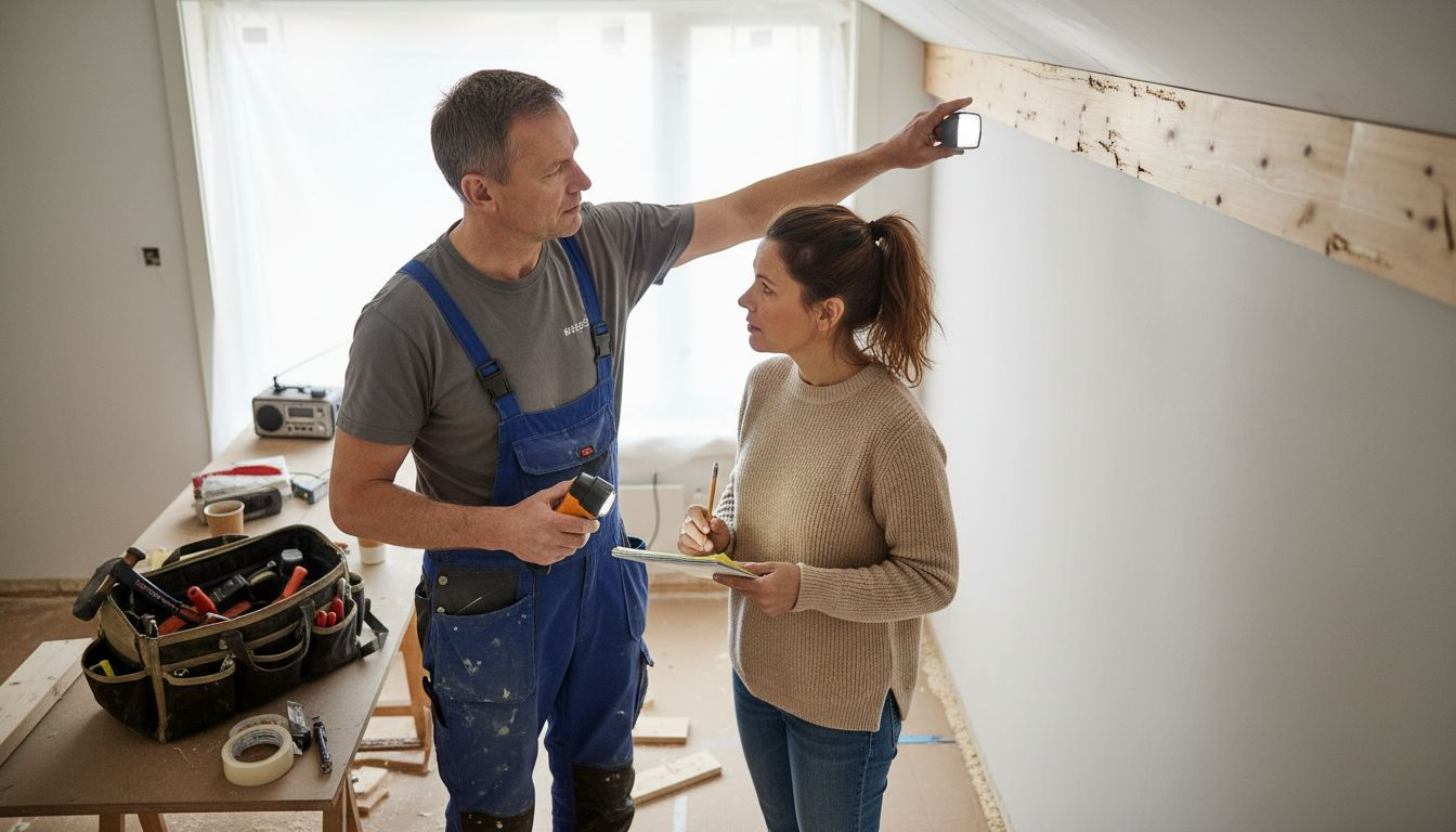 Snekker og boligeier tar en runde for å se hvordan arbeidet skrider frem.