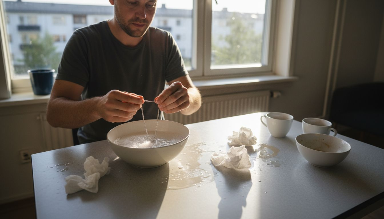 En mann pusser sølvsmykket sitt ved kjøkkenbordet.