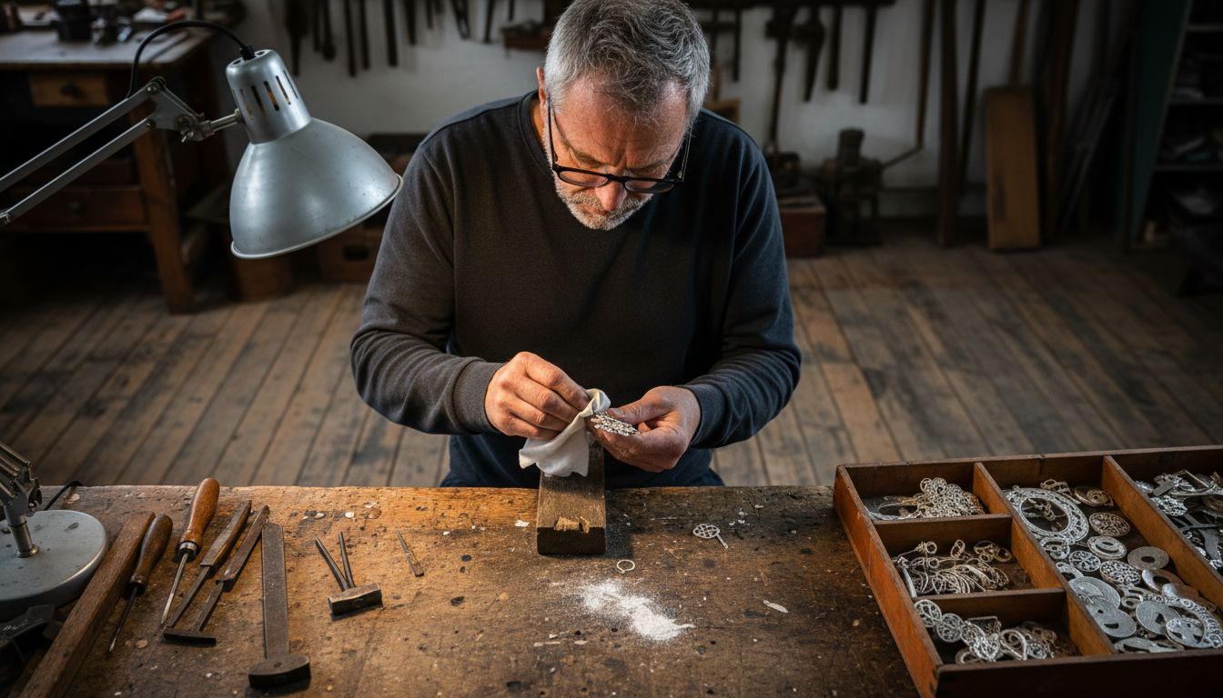 En gullsmed pusser forsiktig på det intrikate bunadssølvet.