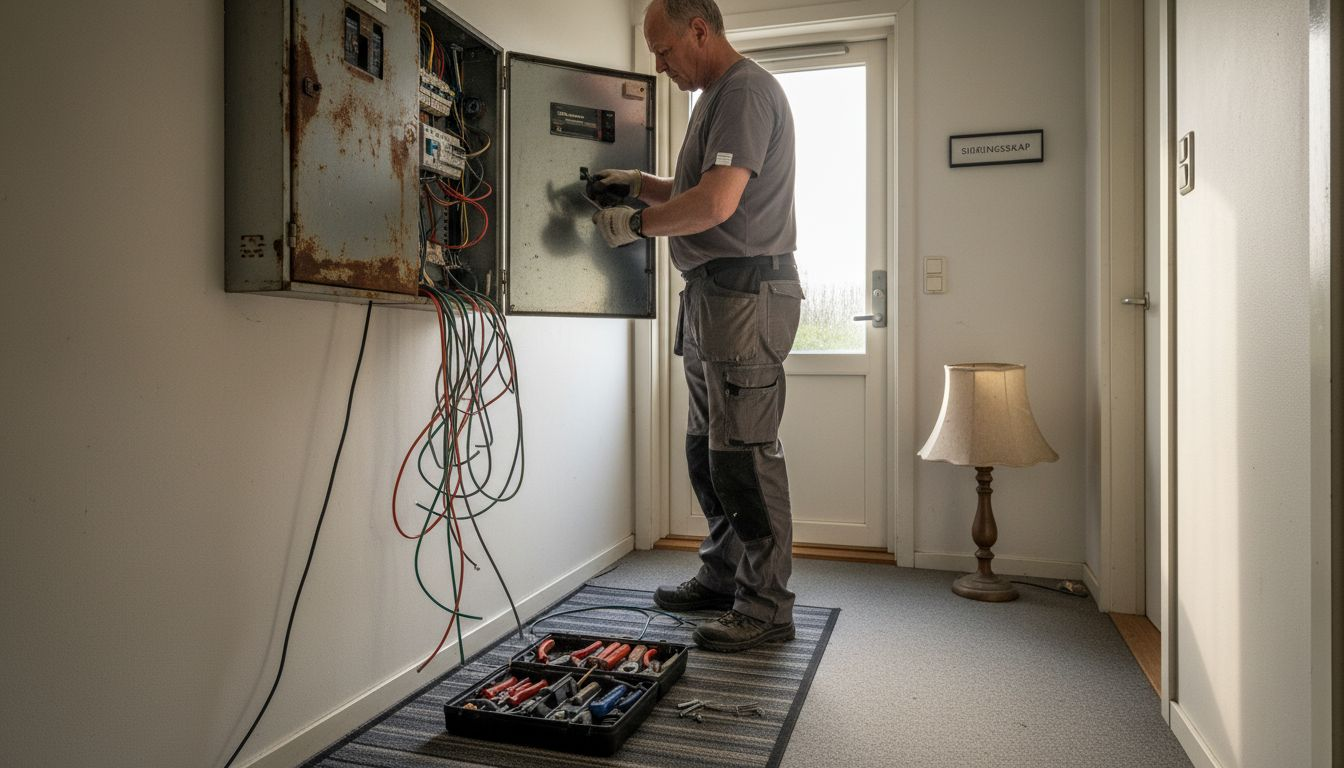 Elektrikeren er i gang med å skifte ut sikringsskapet i gangen.