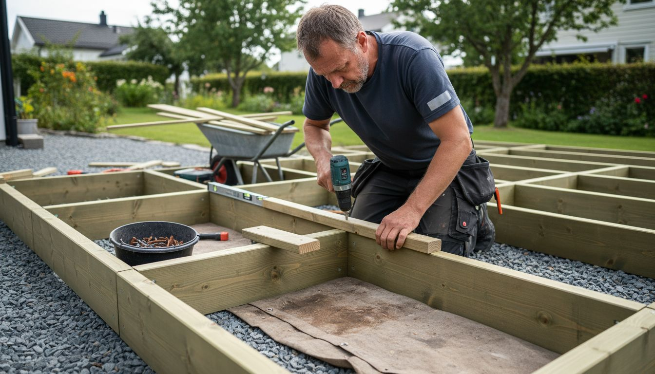 Snekkeren setter opp reisverket til den nye terrassen.