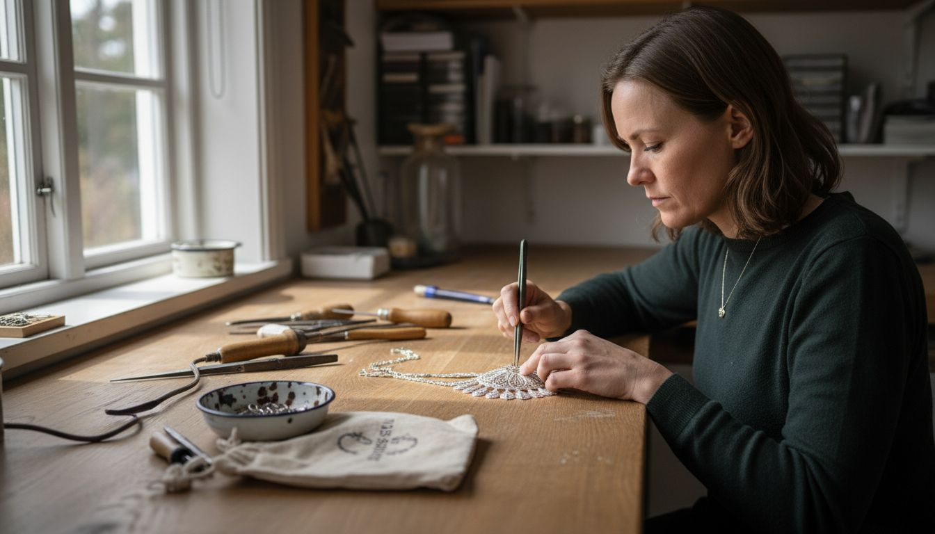 En gullsmed håndlager filigransølv til bunad, med stor presisjon og kjærlighet for tradisjonen.