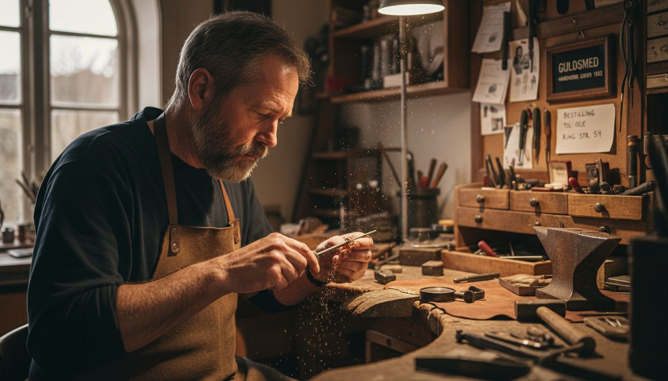 En gullsmed former en ring for hånd på sitt tradisjonelle verksted.