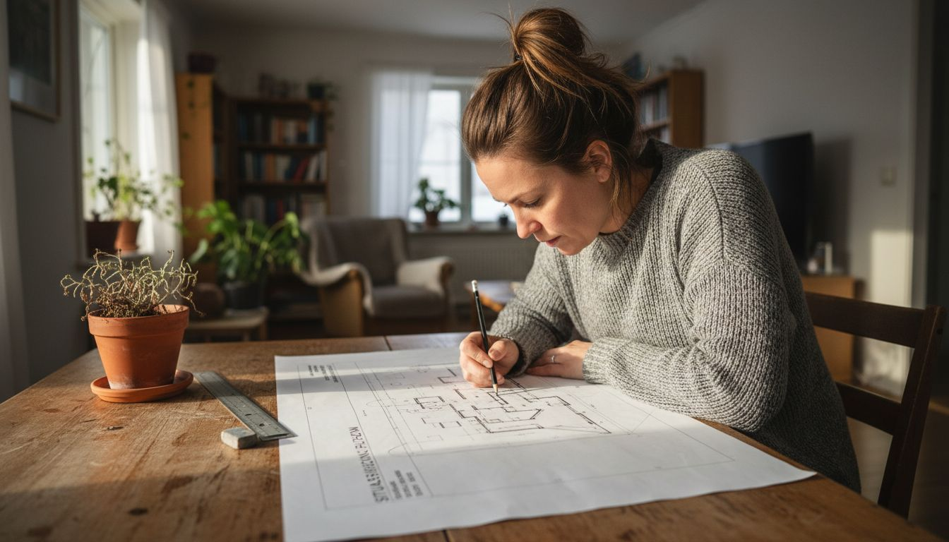 En kvinne sitter ved bordet og lager en situasjonsplan for byggeprosjektet.