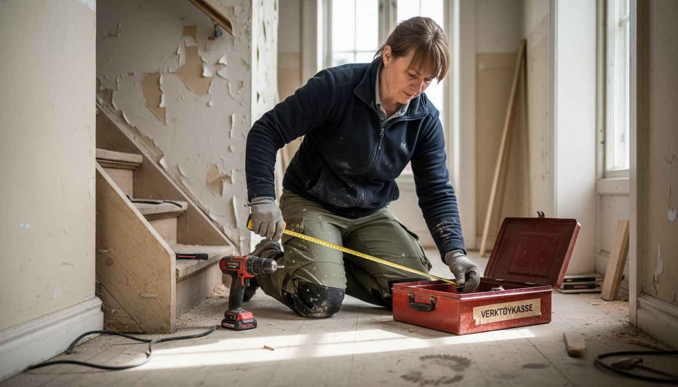 En kvinnelig tømrer måler opp rekkverket i en bolig i Oslo.