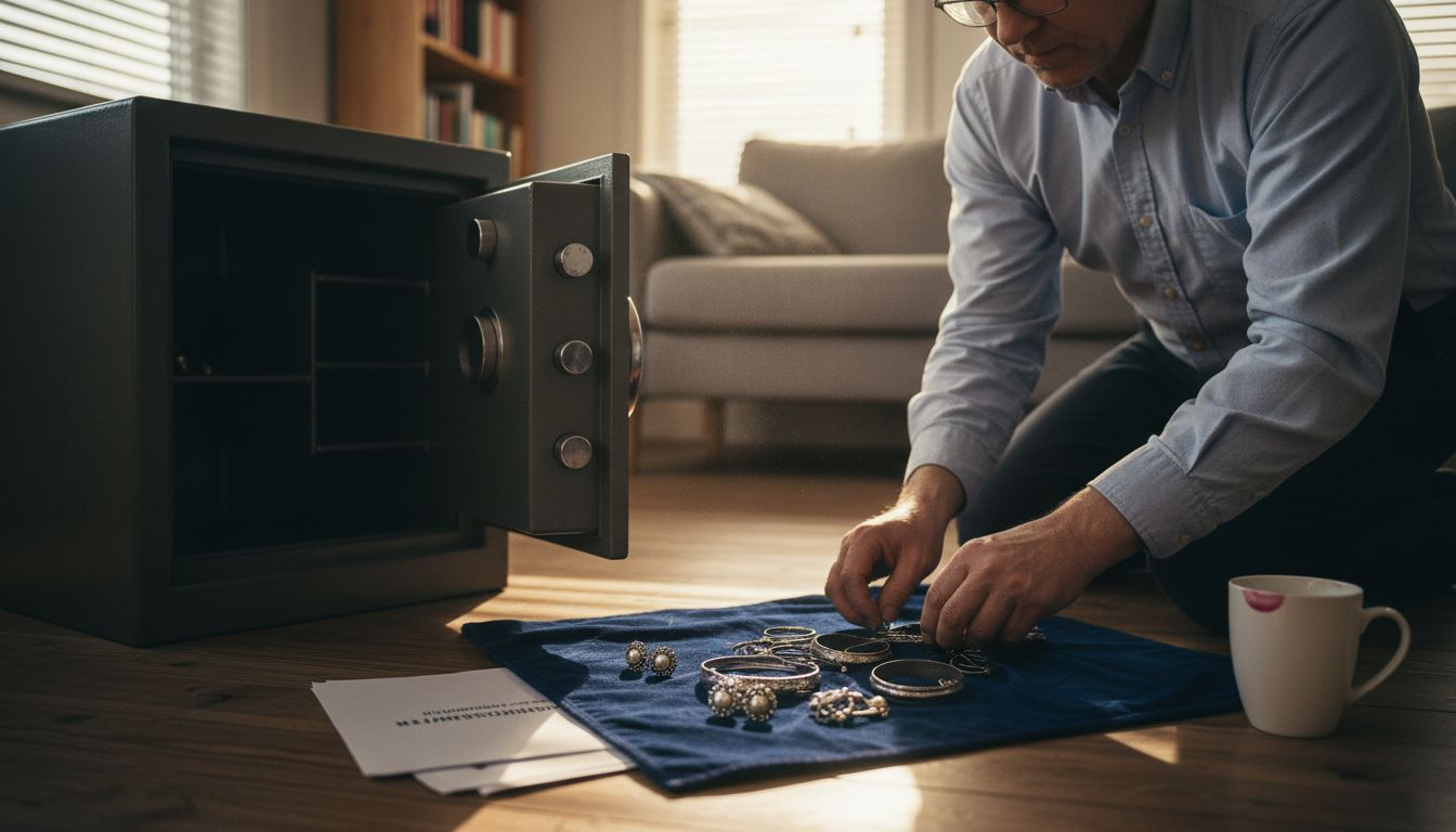 En mann sorterer smykkene sine i et solid pengeskap av stål.