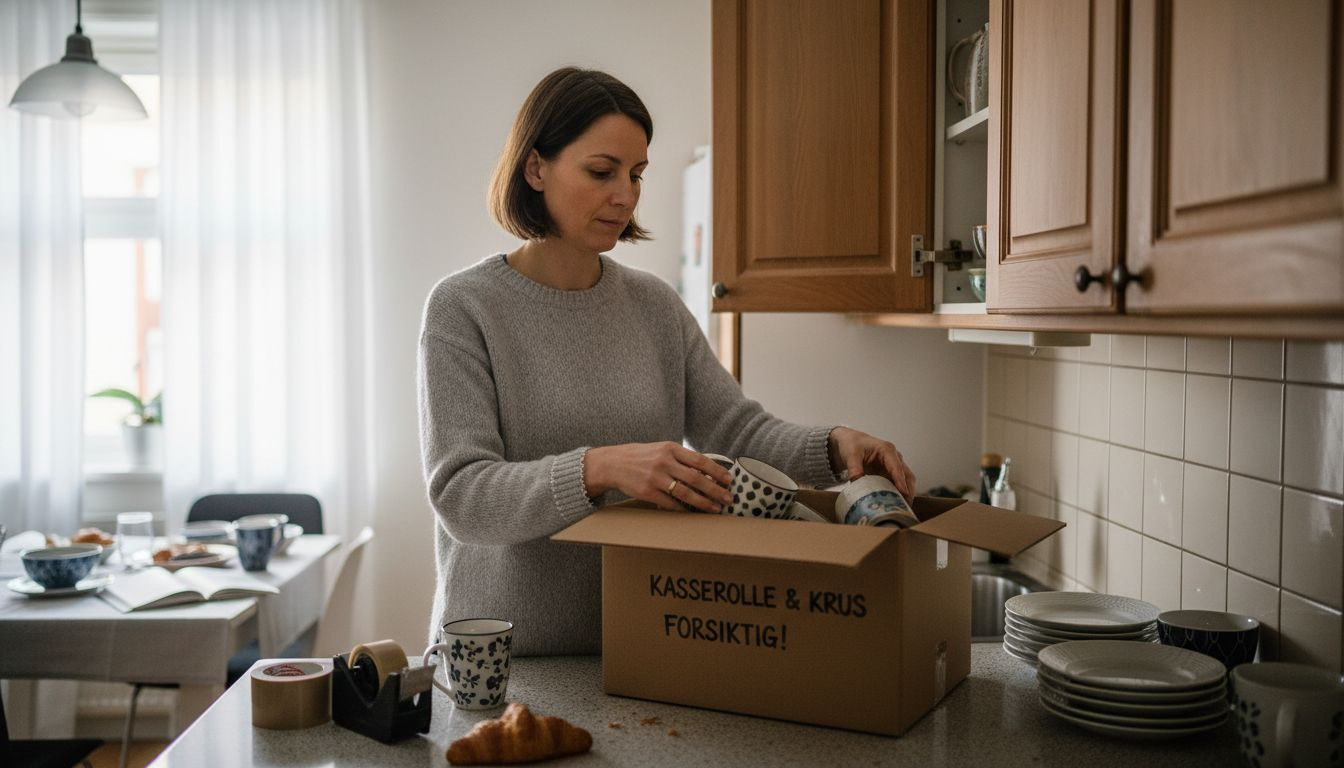 En kvinne tømmer kjøkkenskapene for å gjøre klart til oppussing.