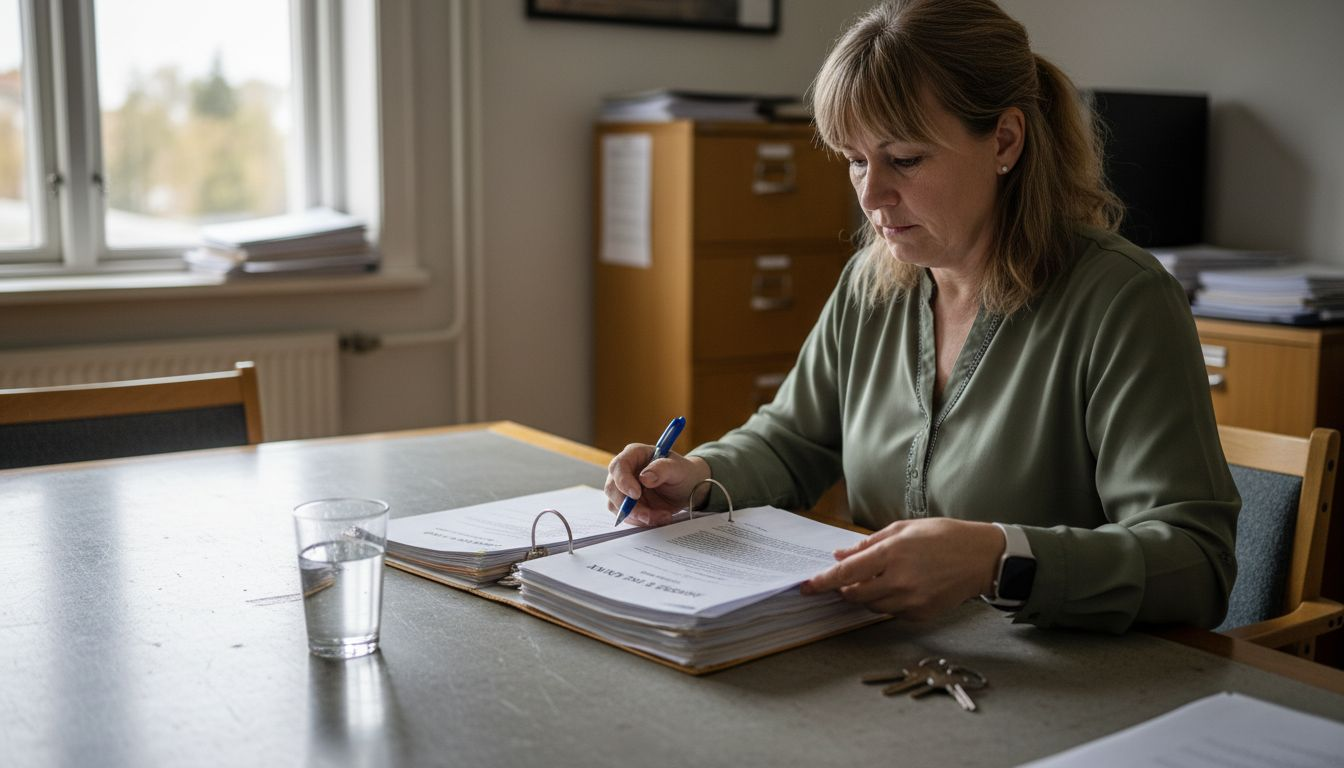 En saksbehandler blar gjennom byggesaksmapper rundt møtebordet.