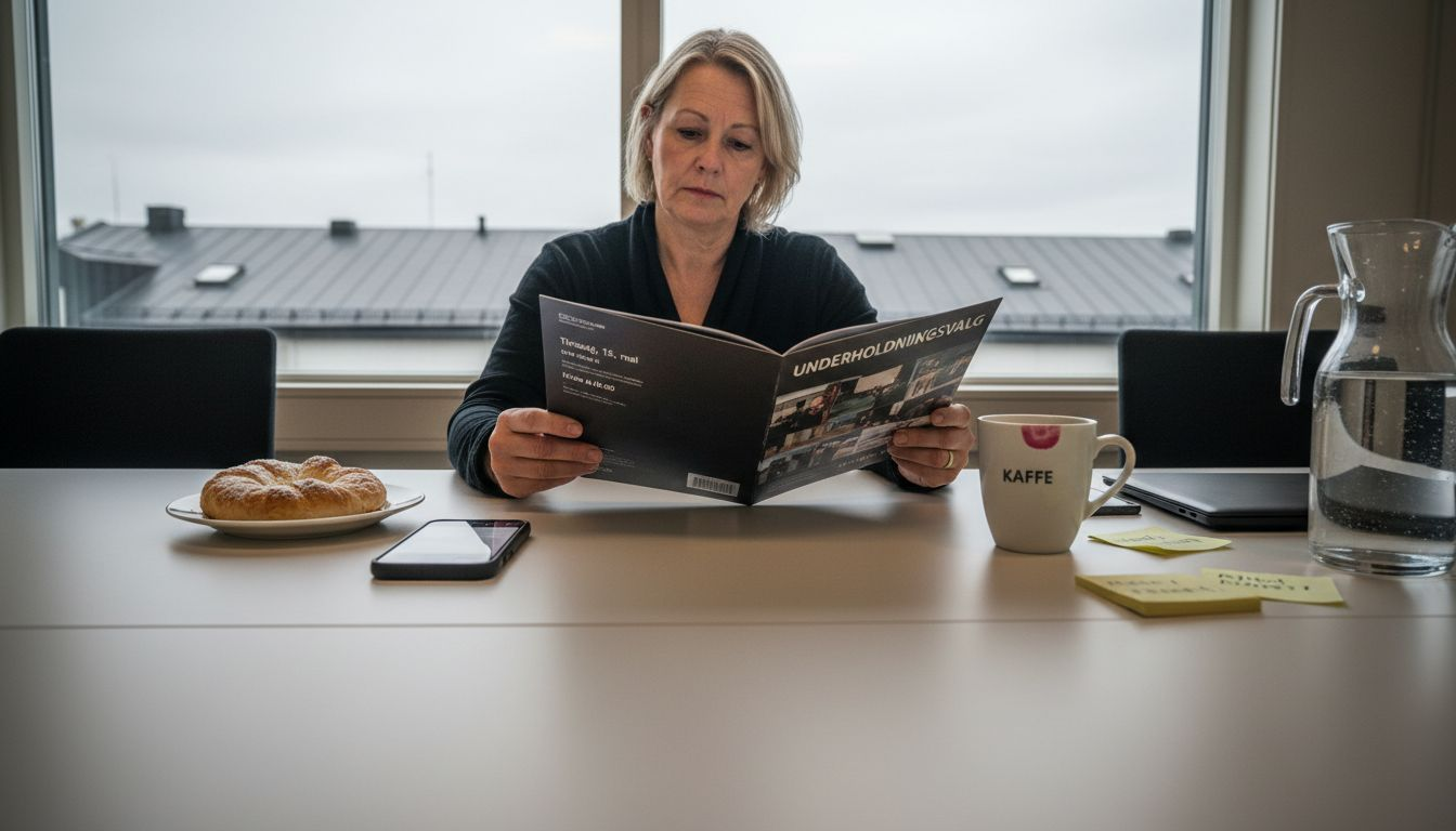 En kvinne sitter ved kontorpulten og ser gjennom ulike underholdningstilbud.