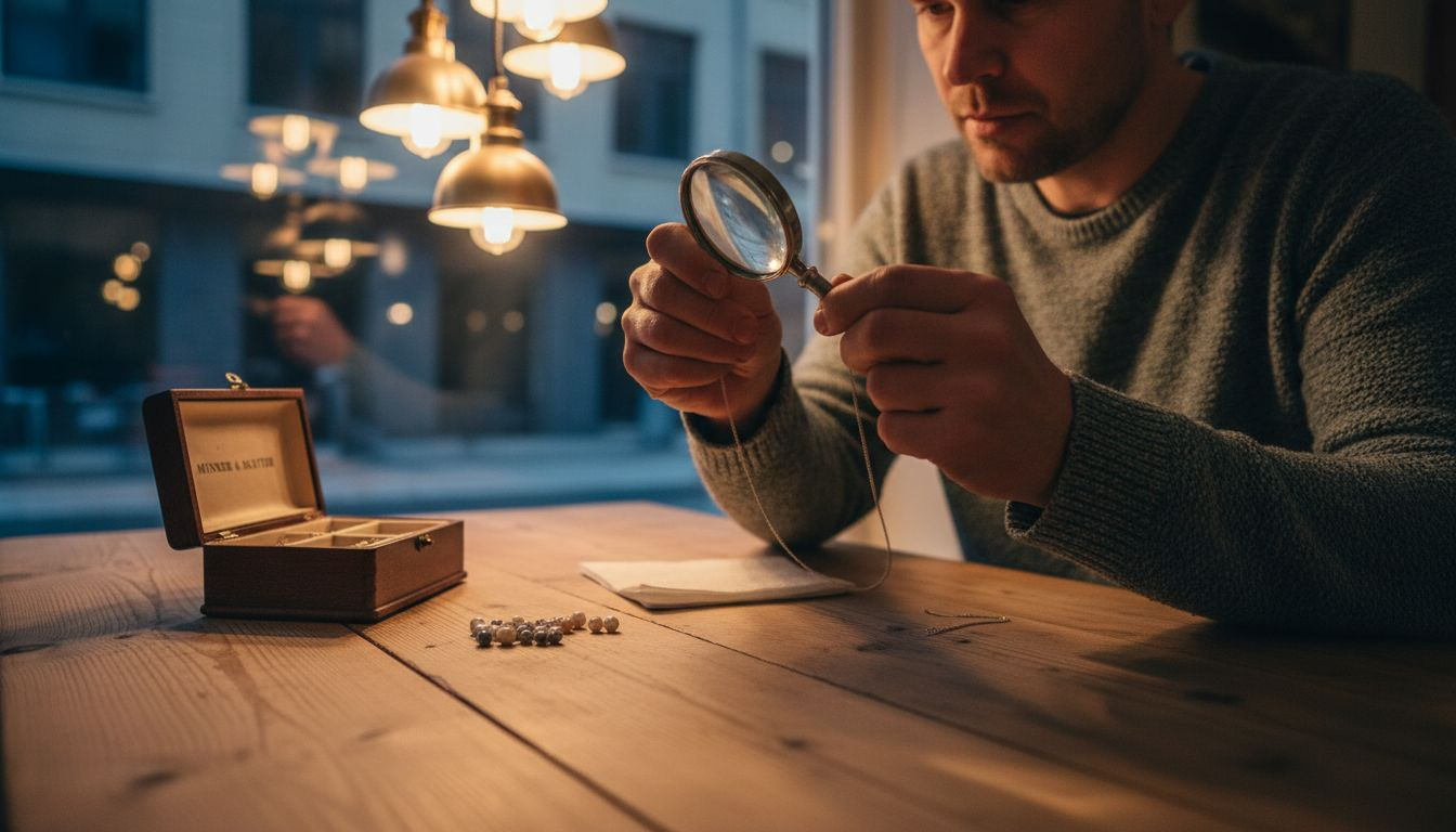 En mann gransker et sølvkjede nøye med lupe.