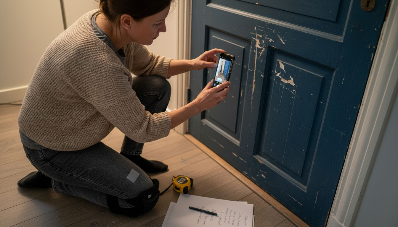 Kvinne tar bilder av skadene på døra