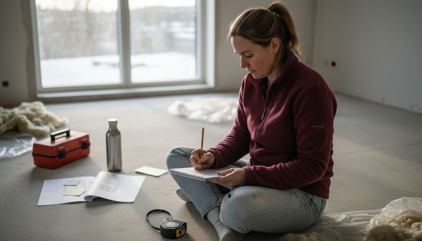 En byggkontrollør sjekker og måler innvendige detaljer mens byggearbeidet pågår.