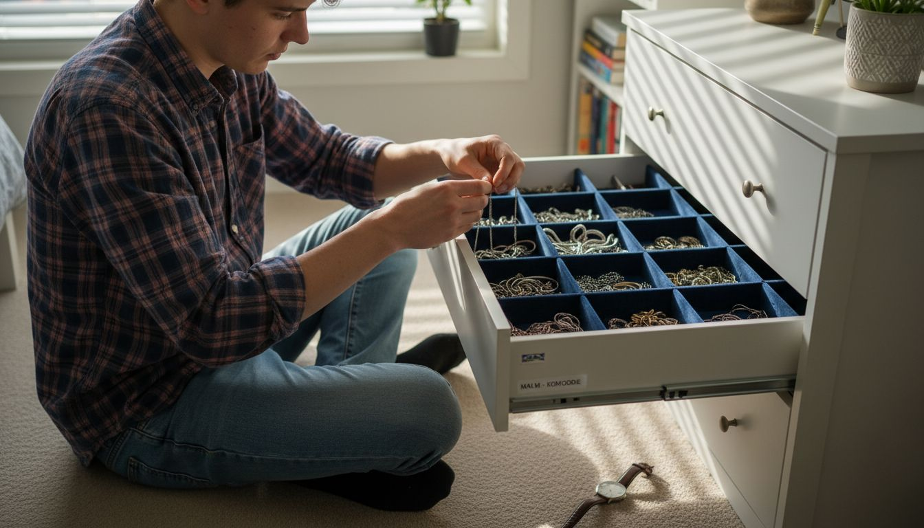 Jeg liker å sortere smykkene mine etter type i en egen skuff på soverommet. Da er det enkelt å finne det jeg trenger, enten det er ringer, armbånd eller halskjeder.