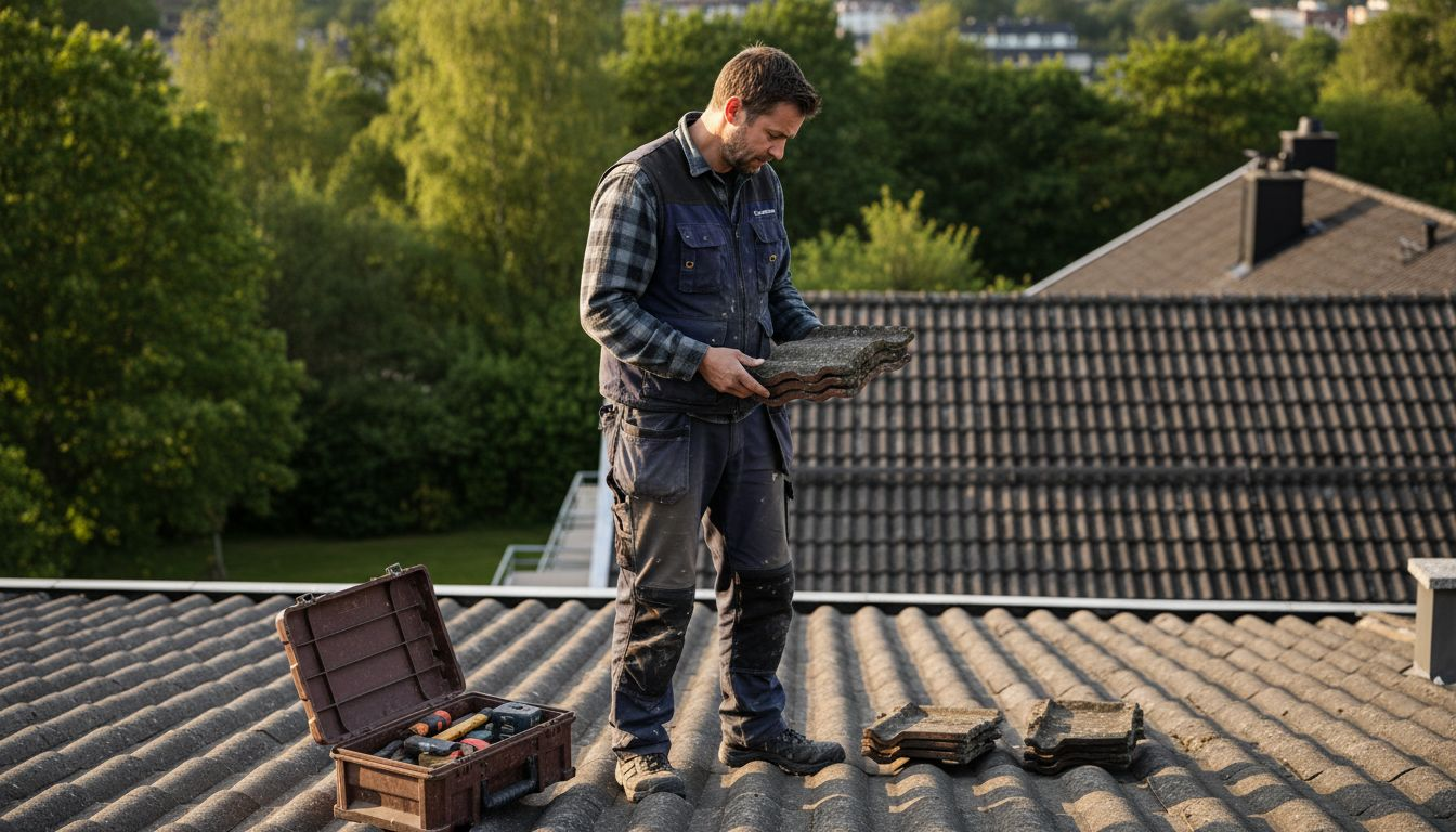 En tømrer sjekker taksteinene på et rekkehus i Oslo.