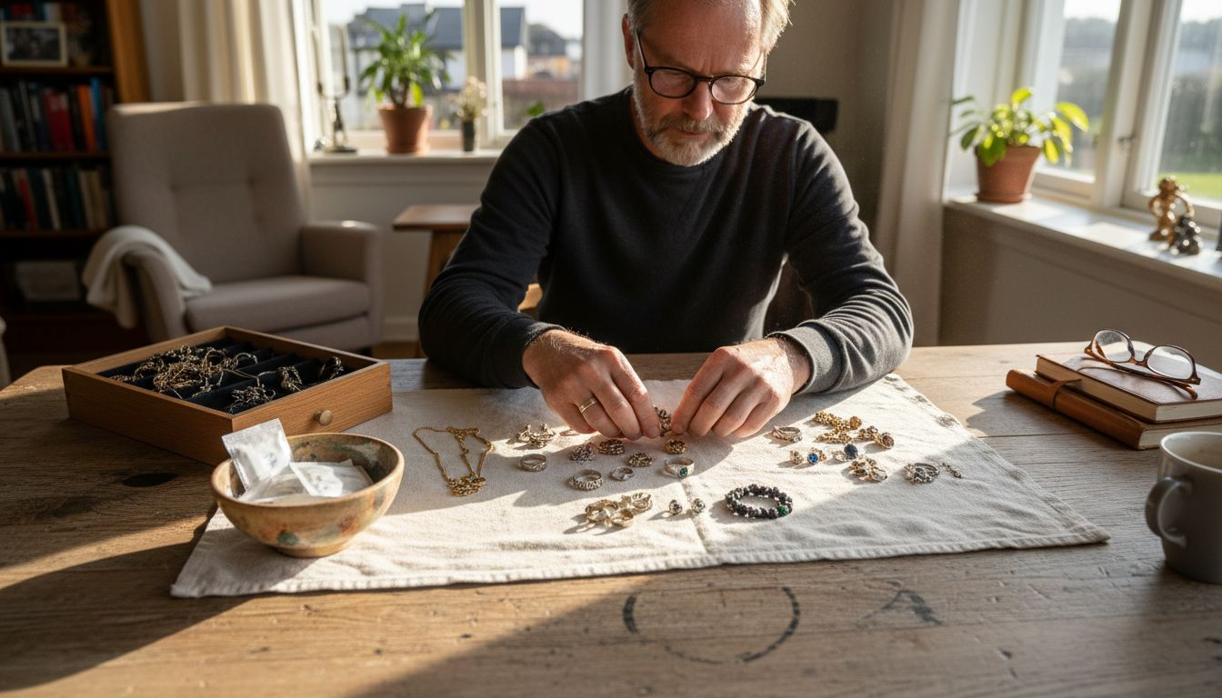 En mann sitter ved bordet og sorterer smykker av gull og sølv.