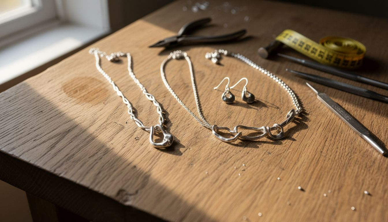 Håndlagde smykker i sølv presentert på et vakkert treunderlag