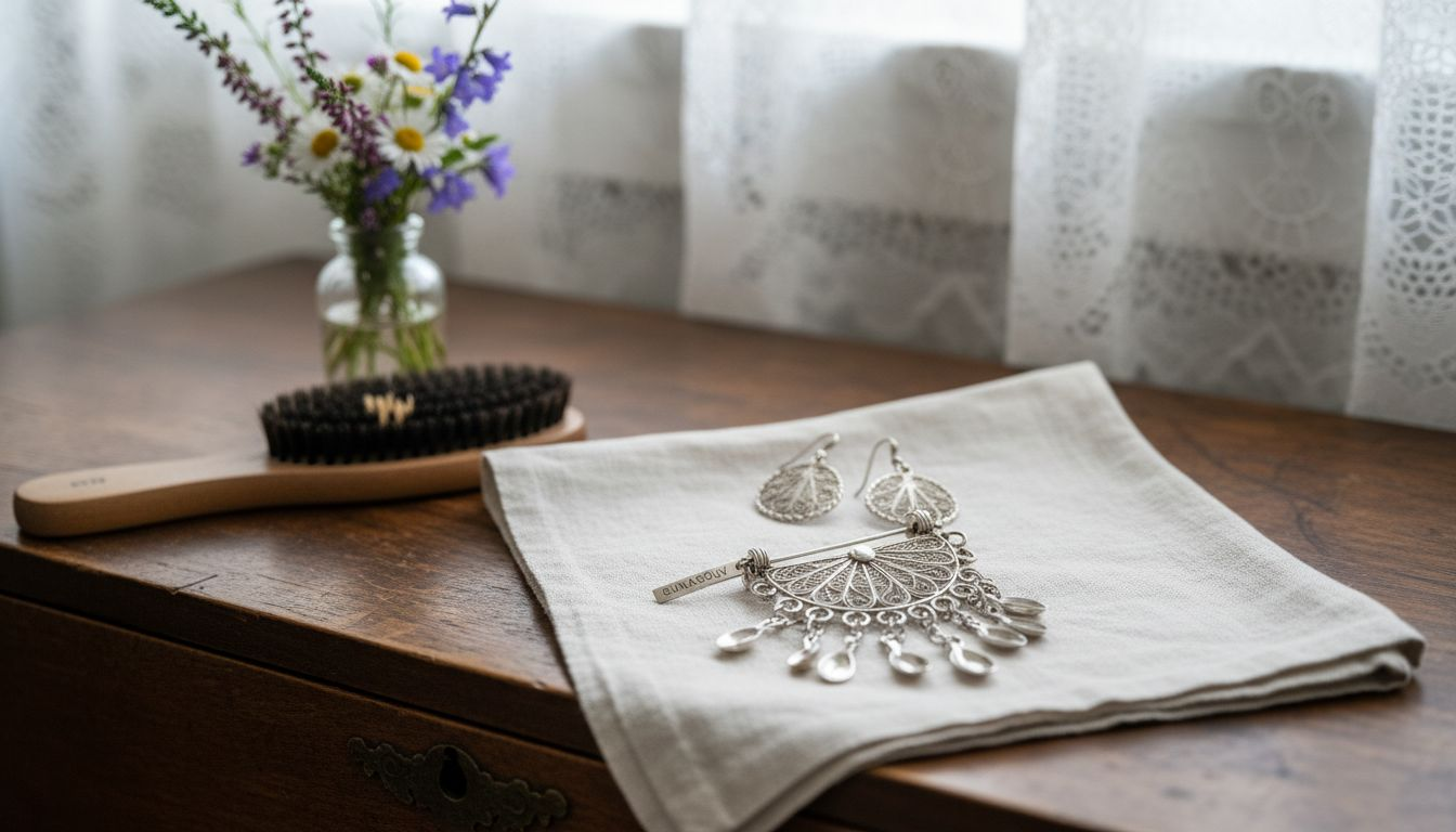 Nærbilde av bunadsølv lagt på lyst lintøy