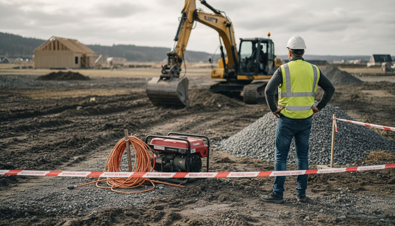 En ansatt følger med på grunnarbeidet på byggeplassen.