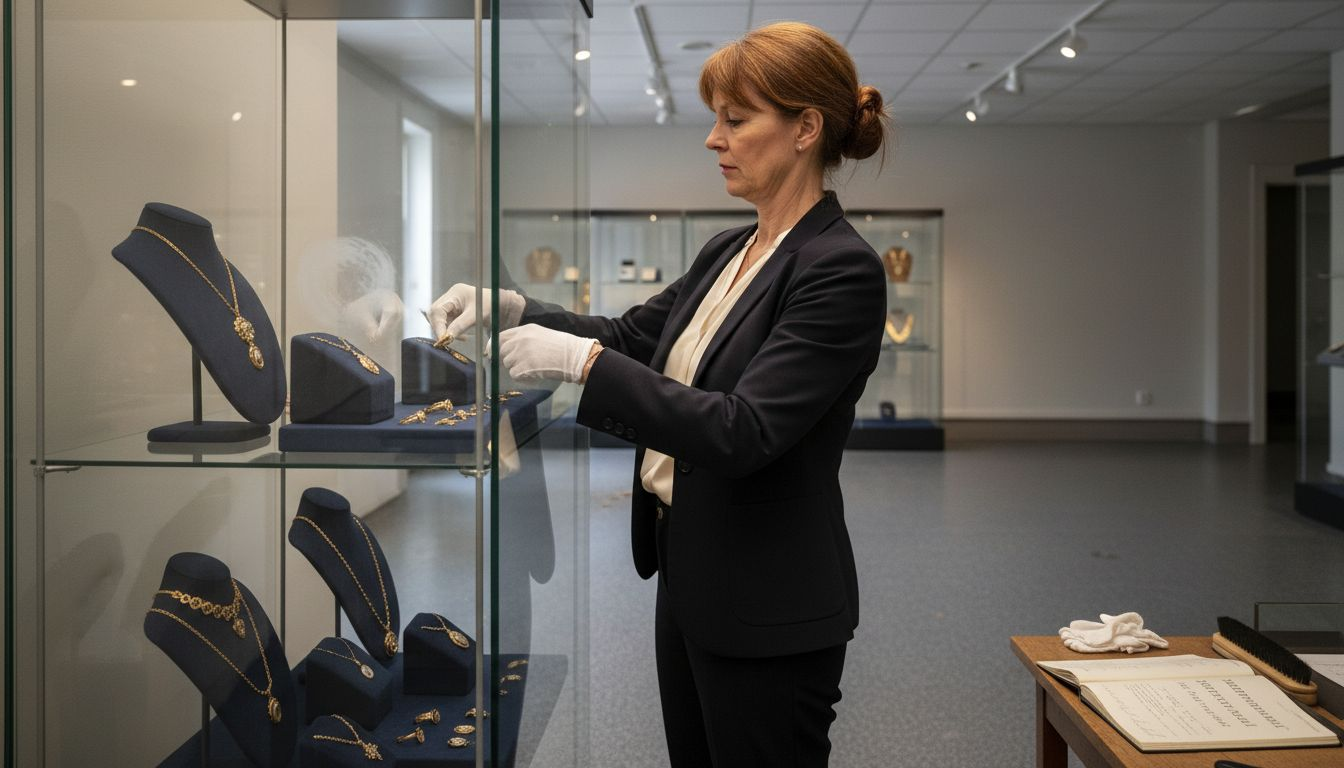 En konservator plasserer gamle smykker nøye i en monter på museet.