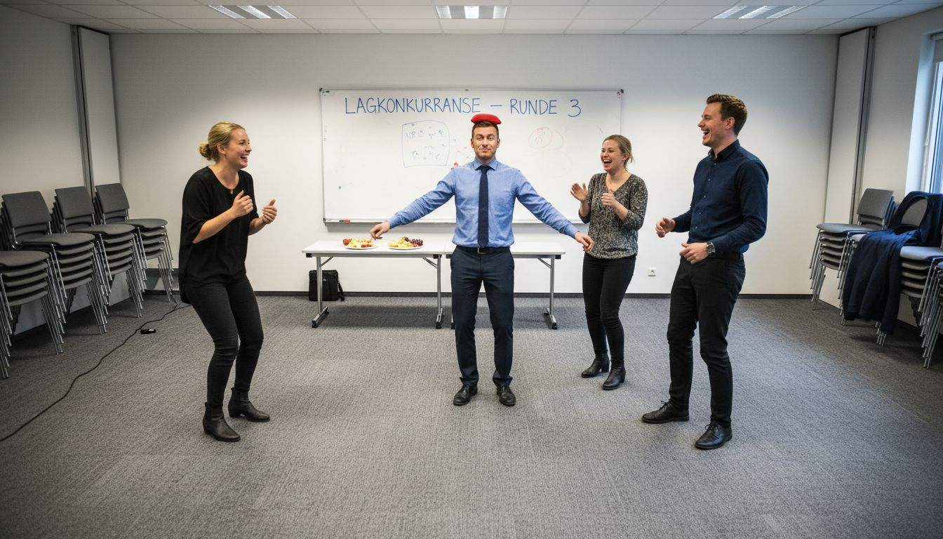 Ansatte koser seg med en morsom teambuilding-aktivitet sammen.