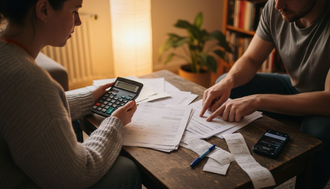 Et par sitter ved kjøkkenbordet og sammenligner pristilbud fra snekkere.