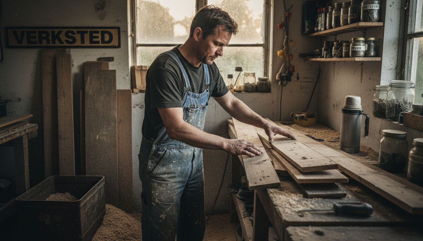 Snekker går gjennom brukte materialer for å finne treverk som kan gjenbrukes i miljøvennlig oppussing.
