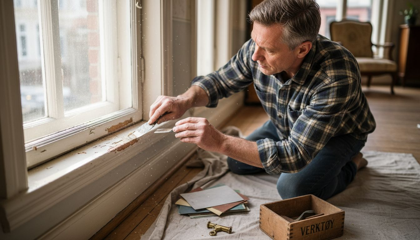 En snekker er i gang med å restaurere et gammelt vindusramme i tre.