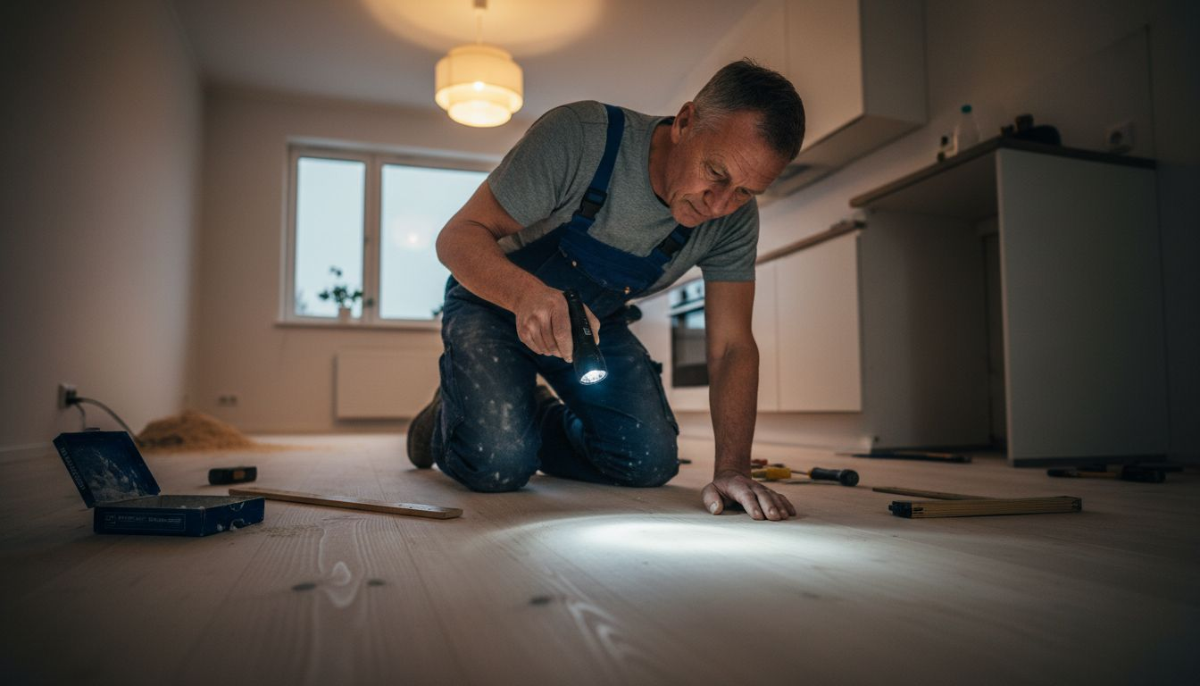 Gulvleggeren går nøye over arbeidet og sørger for at alle skjøter blir pene og holder høy kvalitet.