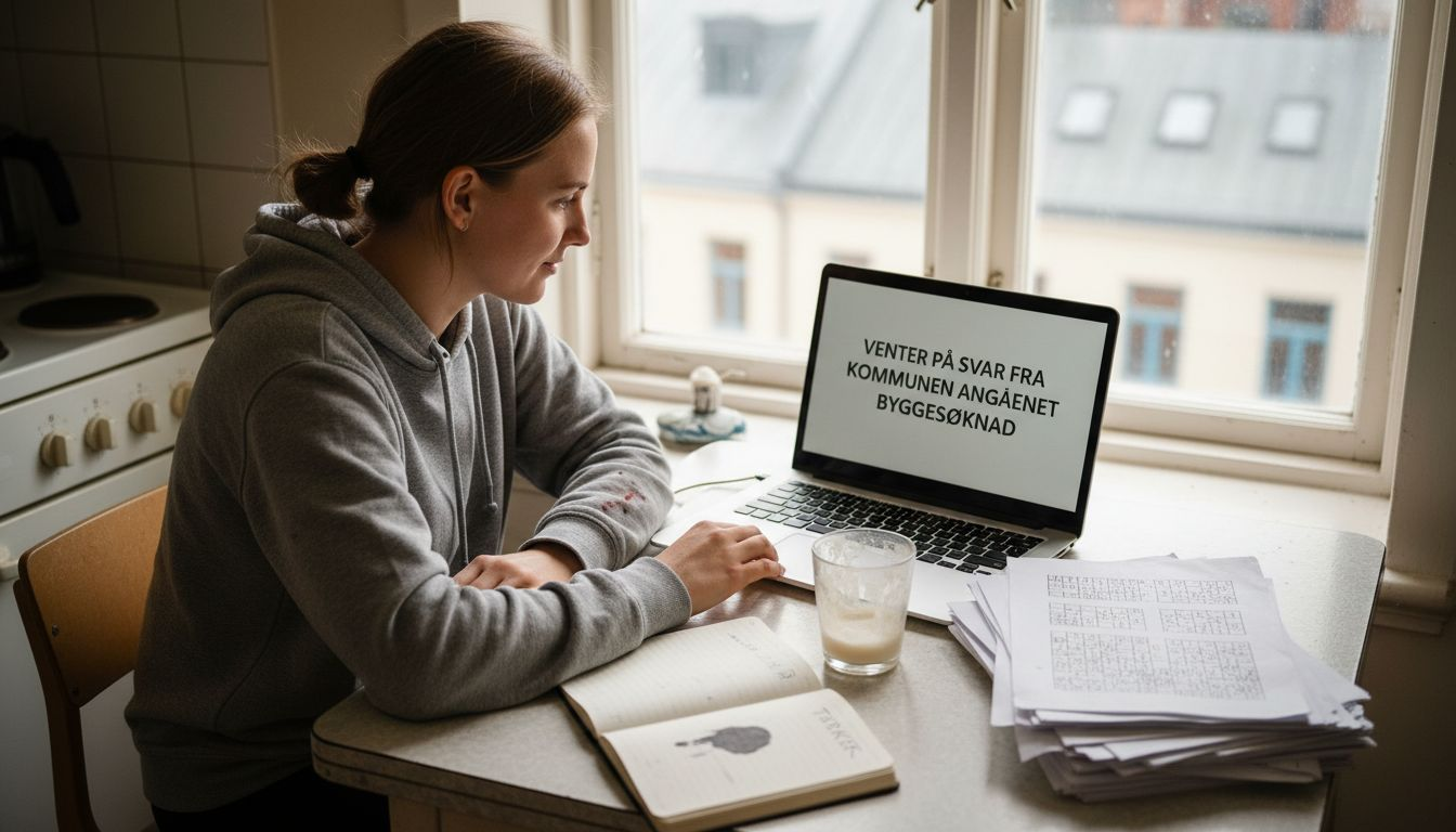 Kvinne ser gjennom byggesøknad hjemme