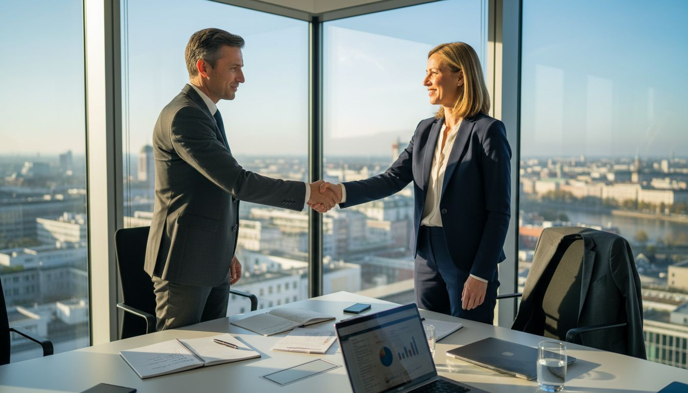 Geschäftspartner begrüßen sich mit einem Handschlag im Büro.