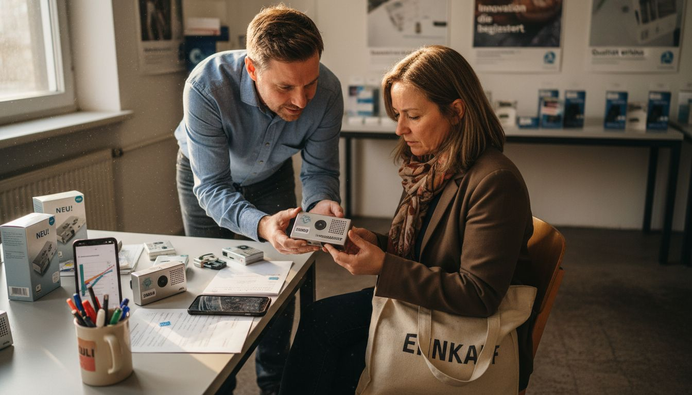 Ein Verkäufer präsentiert einem Kunden die neuesten Produkte im Ausstellungsraum.