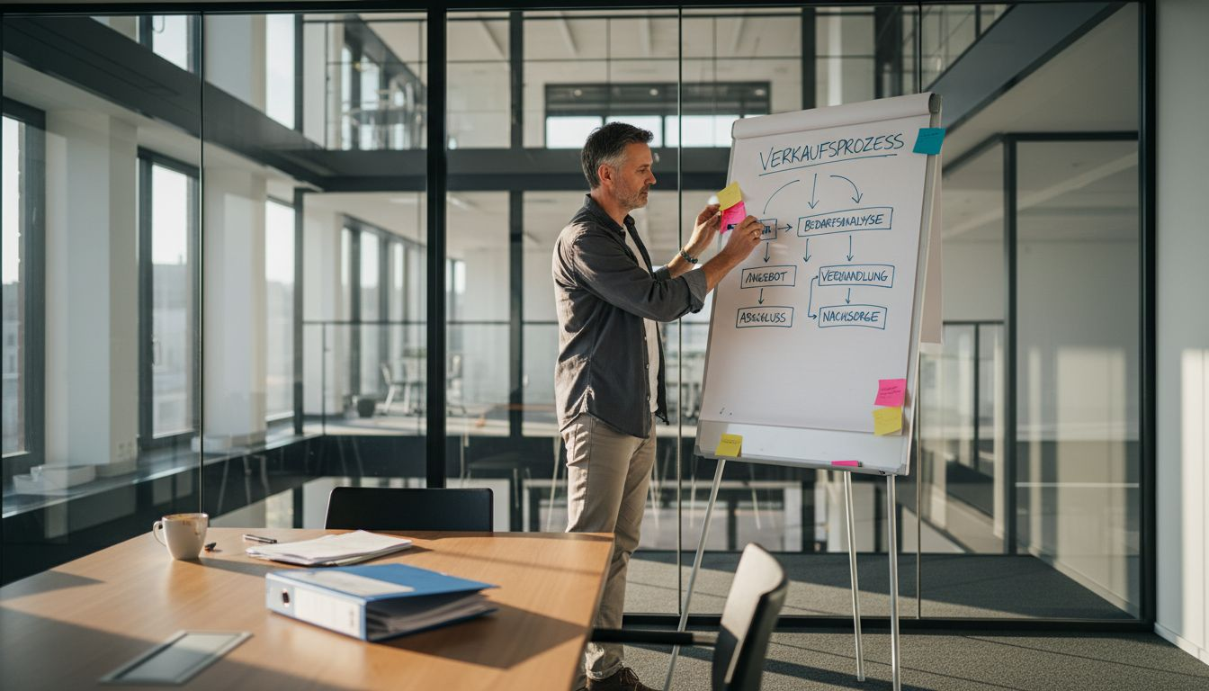 Der Vertriebsleiter skizziert den Ablauf am Whiteboard.