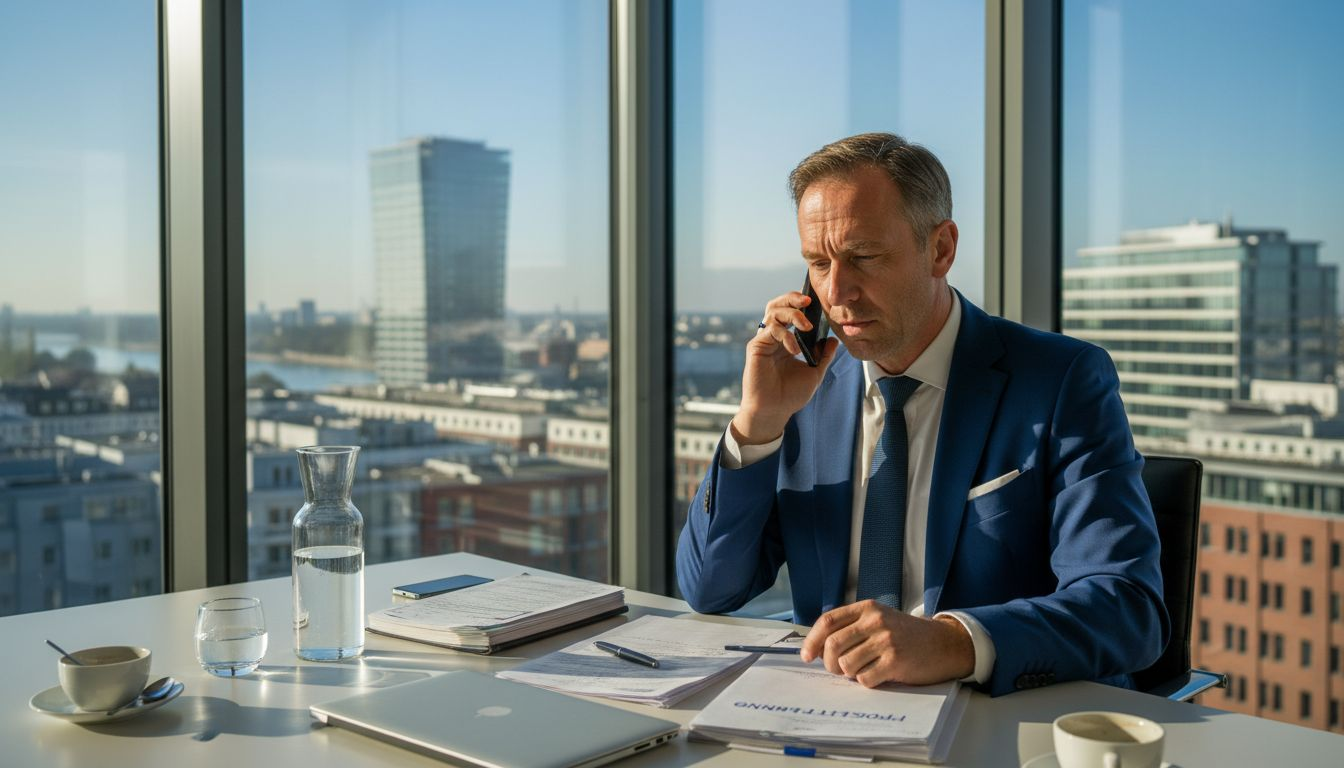 Ein Berater führt ein Telefonat in einer ruhigen Ecke des Büros und hat dabei wichtige Unterlagen vor sich liegen.