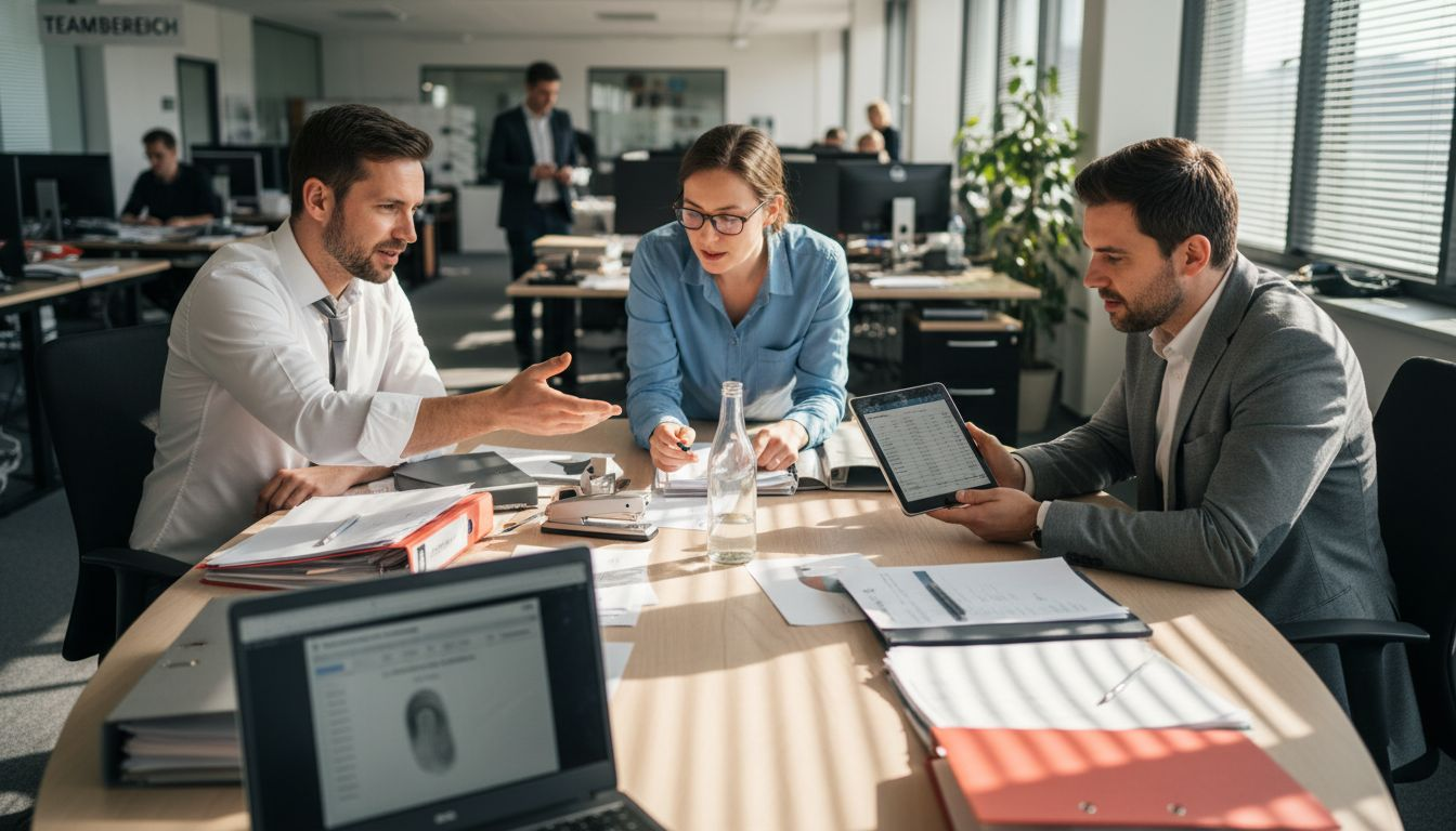 Das Vertriebsteam tauscht sich in der Besprechung aus und arbeitet gemeinsam an Lösungen.