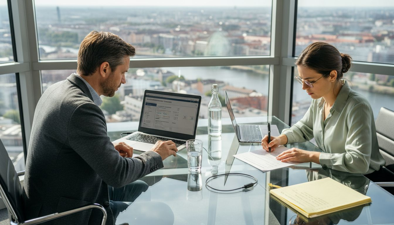 Fachleute tauschen sich an einem modernen Glastisch im Büro aus und arbeiten gemeinsam an Projekten.