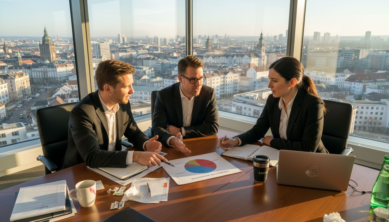 Vertriebsteam-Besprechung im Besprechungsraum mit Blick aufs Büroviertel
