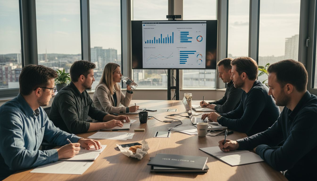 Das Vertriebsteam eines Tech-Unternehmens arbeitet gemeinsam in einem modernen Eckbüro.