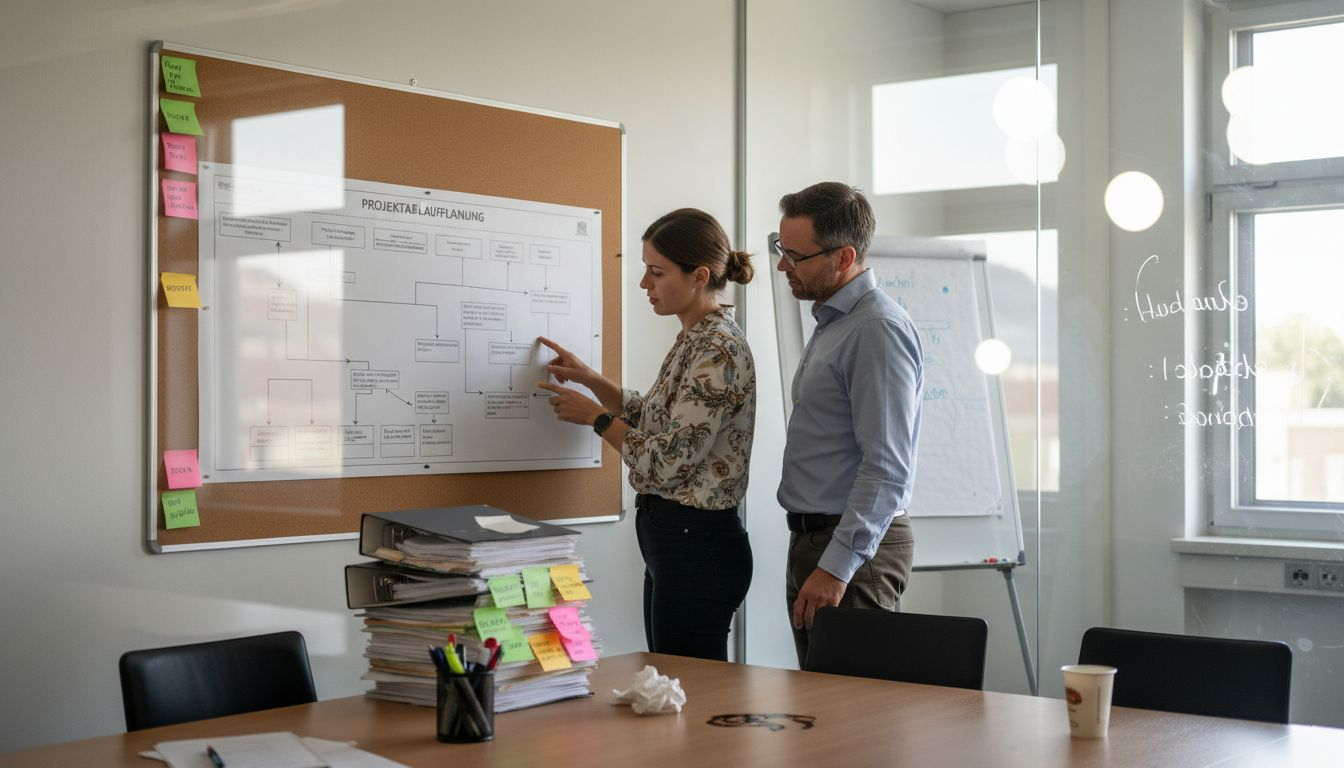 Im Besprechungsraum tauscht sich das Team über den Vertriebsprozess aus.