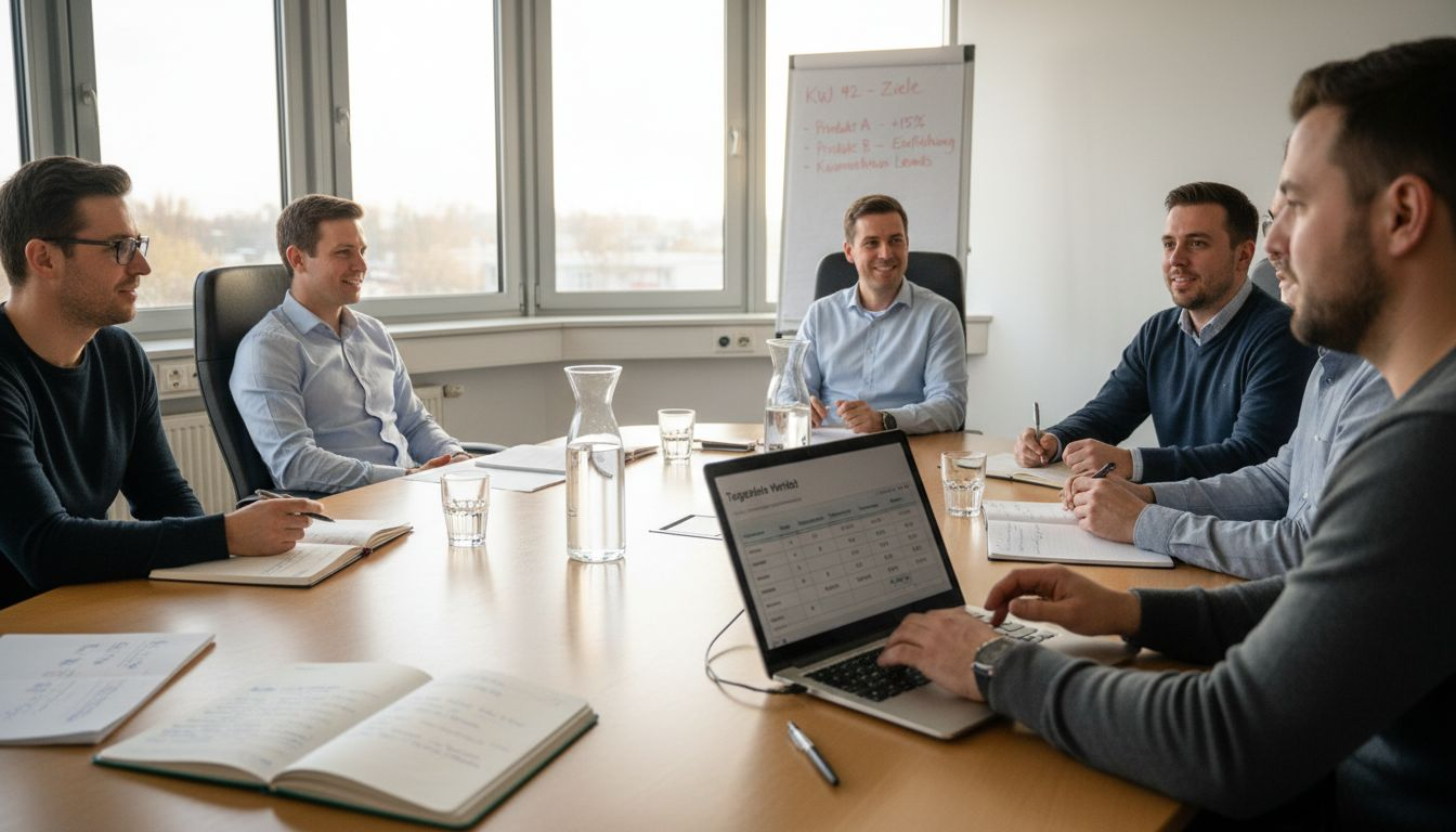 Das Vertriebsteam trifft sich zur molentlichen Besprechung im Eckbüro.