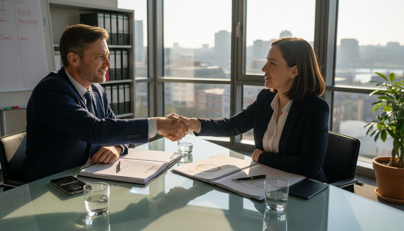Der Vertriebsleiter und der Kunde besiegeln die Zusammenarbeit mit einem Handschlag beim Vertragsabschluss.