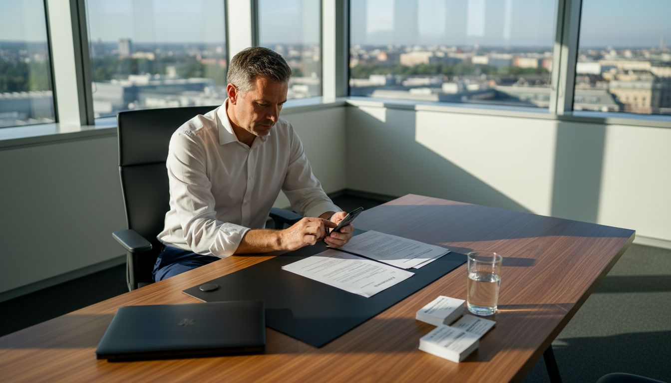 Ein Mann sitzt im Eckbüro und tippt auf seinem Smartphone, während neben ihm Vertragsunterlagen liegen.