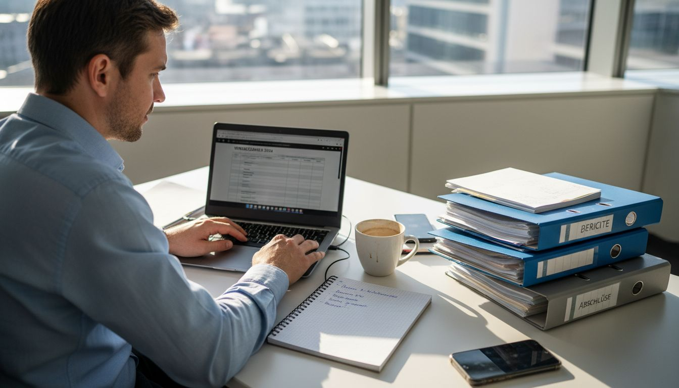 Ein Vertriebsmitarbeiter sitzt am Schreibtisch und nimmt die aktuellen Zahlen genau unter die Lupe.