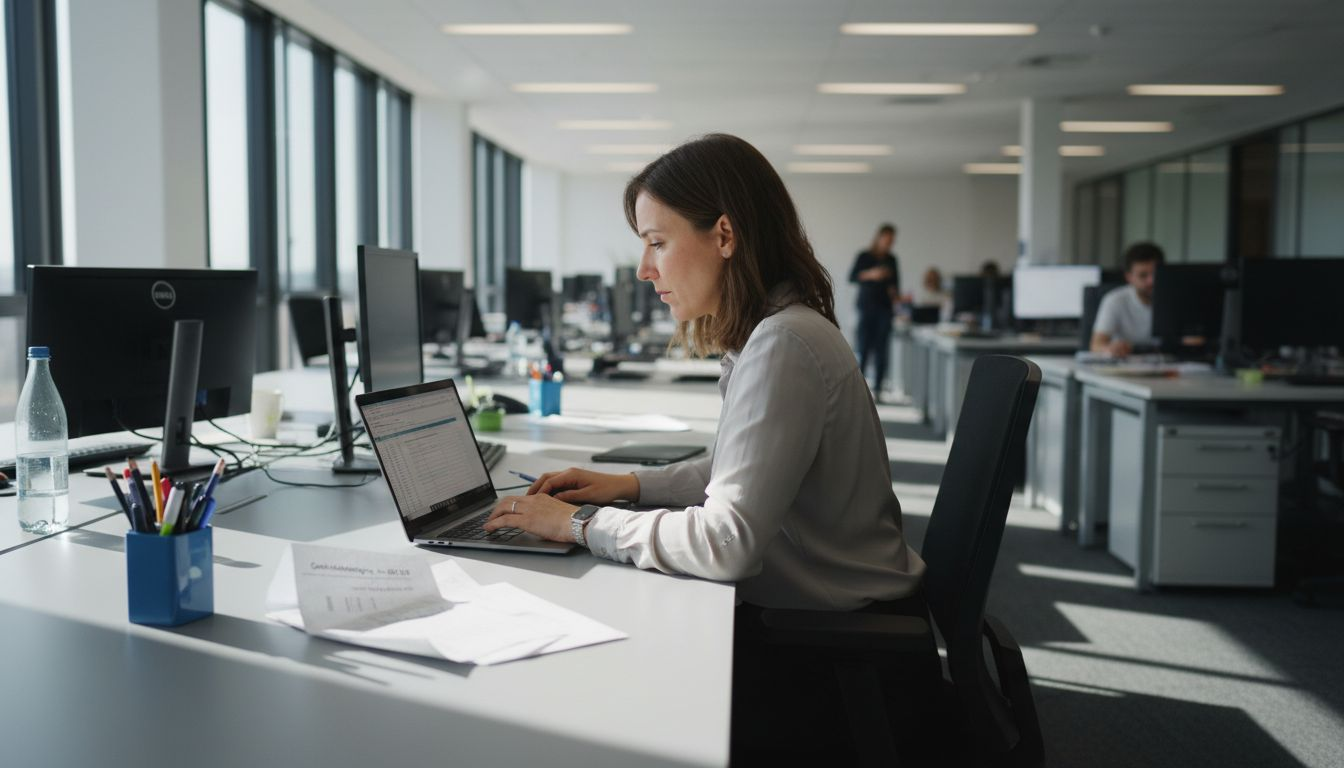 Eine Vertriebsmitarbeiterin wertet Gehaltsdaten am Computer aus.