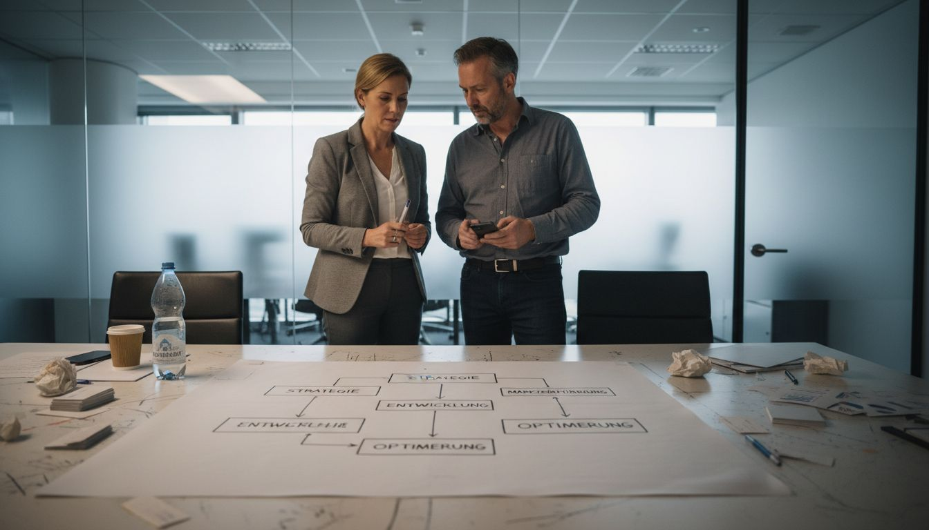 Führungskräfte besprechen gemeinsam ein Ablaufdiagramm in einem modernen, verglasten Besprechungsraum.