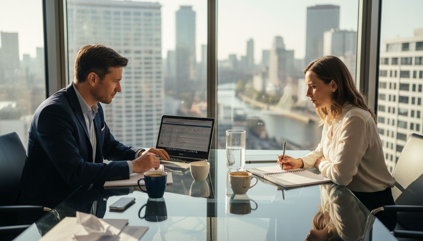 Das Team trifft sich zur Besprechung im modernen, lichtdurchfluteten Beratungsbüro.